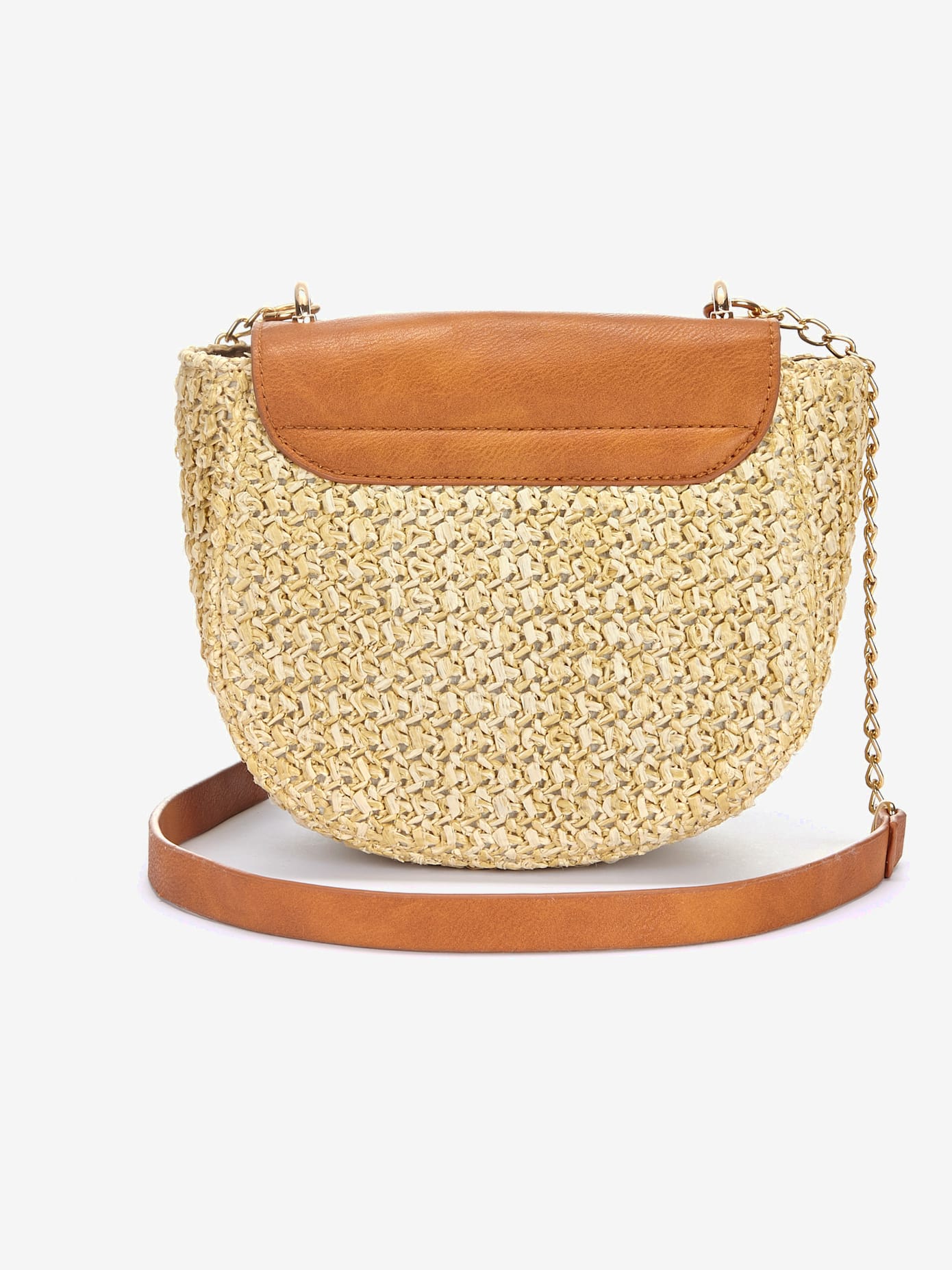 Sac à main en imitation raphia avec détails chaînes couleur or sur la bandoulière