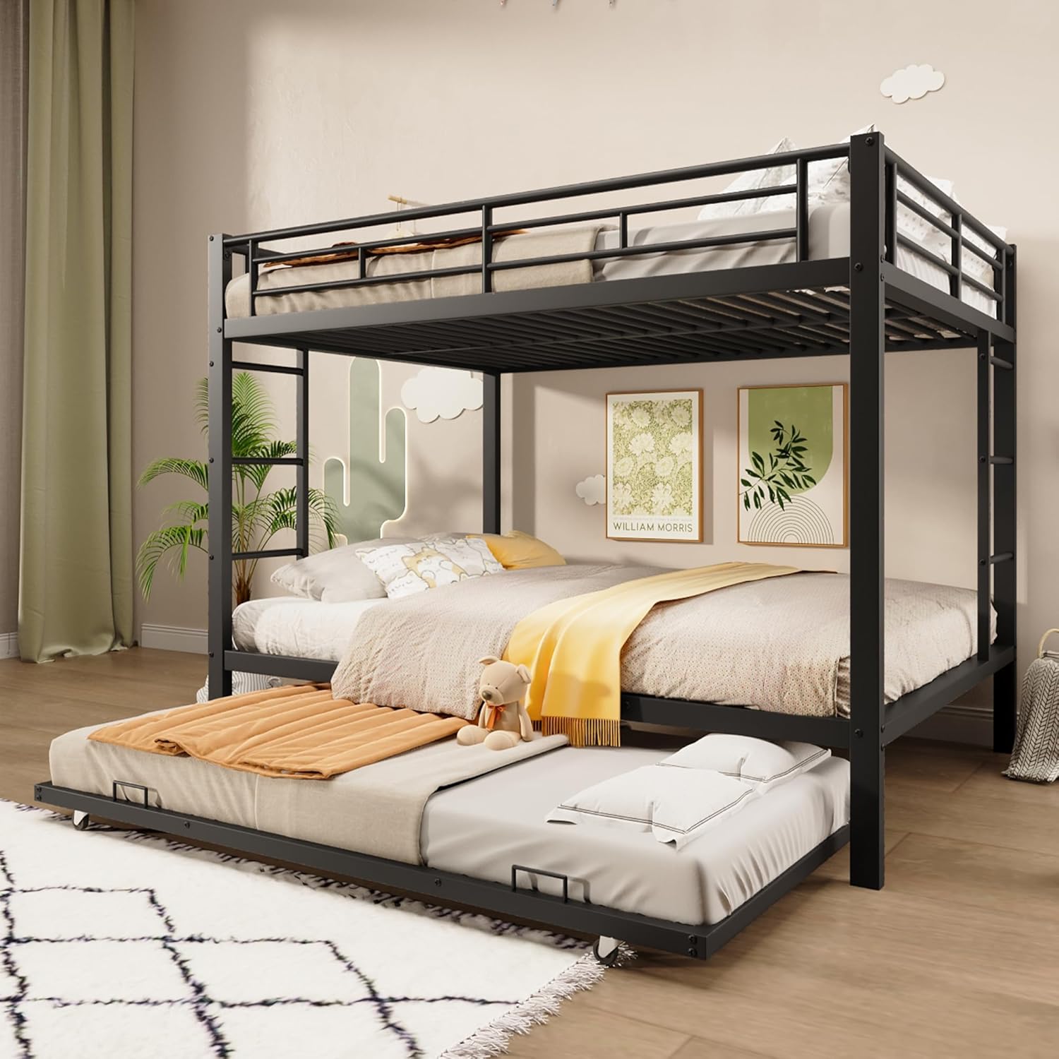 Etagenbett 140x200cm mit Ausziehbarem Bett 90x190cm, Kinderbett Jugendbett mit Rausfallschutz, ohne Matratze, Schwarz