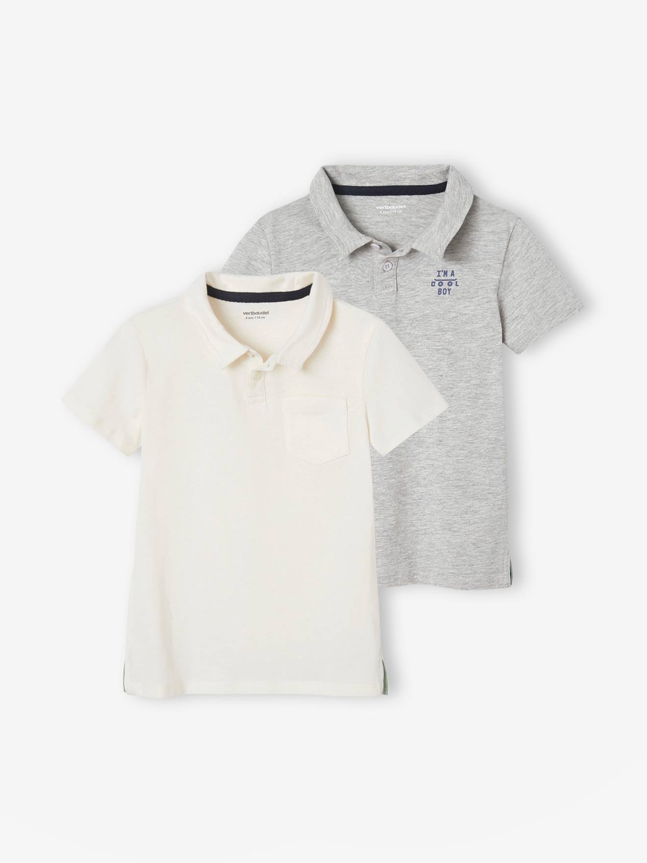 Conjunto de 2 camisas polo lisas de manga curta para meninos, azul claro com estampas.