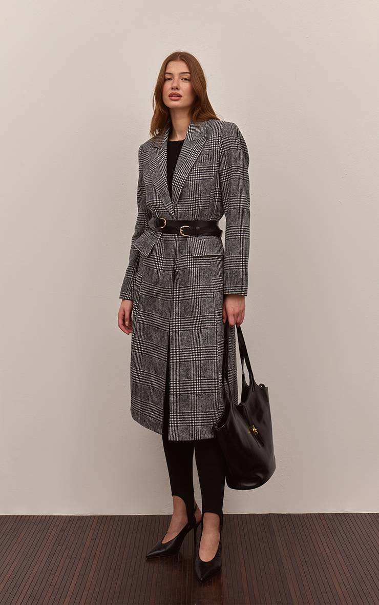Noir Manteau Long À Carreaux Aspect Laine Avec Détails De Coutures Et Boutonnage Simple