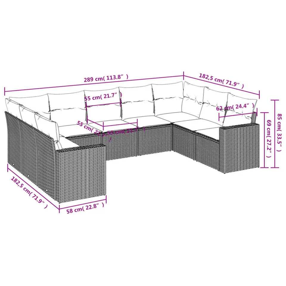 vidaXL Loungeset met 2 hoekelementen - Grijs - Poly Rattan - 9 stuks