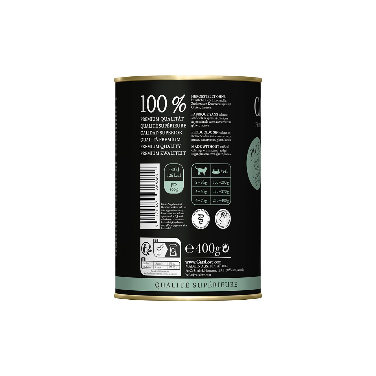 CAT'S LOVE Nassfutter Katze Adult Pute pur 6x400 g