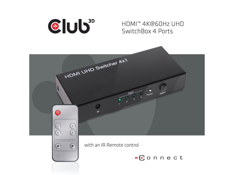Club 3D Switchbox HDMI 2.0 UHD, 4 Port HDMI 4K 60Hz UHD SwitchBox mit 4 Ports