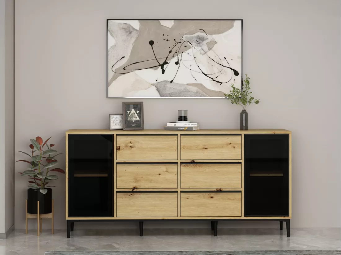 Buffet avec 2 portes en verre trempé et 6 tiroirs - Naturel et noir - MOLINIA
