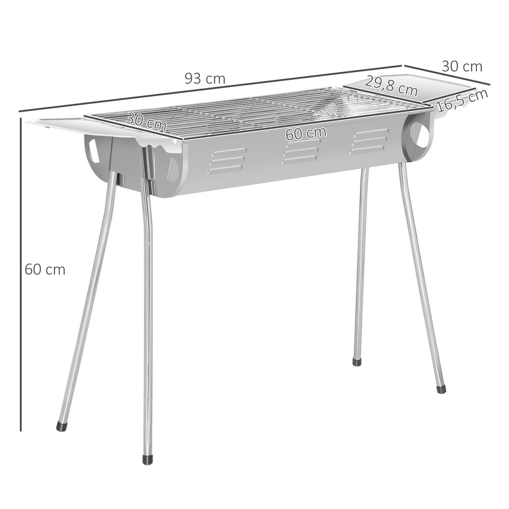 Barbecue à charbon portable bbq grill sur pieds 2 tablettes rabattables dim. 93l x 30l x 60h cm acier inox.