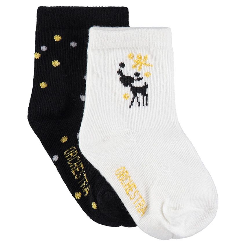 Lot de 2 paires de chaussettes avec faon et pois en jacquard - Ecru
