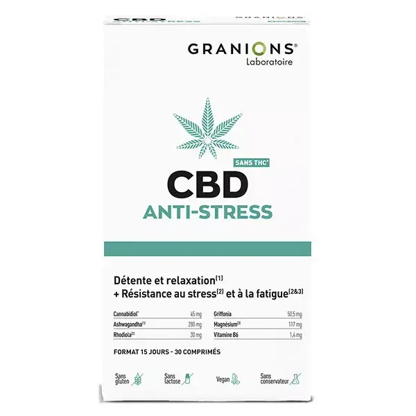 Granions CBD Anti-Stress - Canabidiol + Ashwagandha - Sem THC - 30 Comprimidos