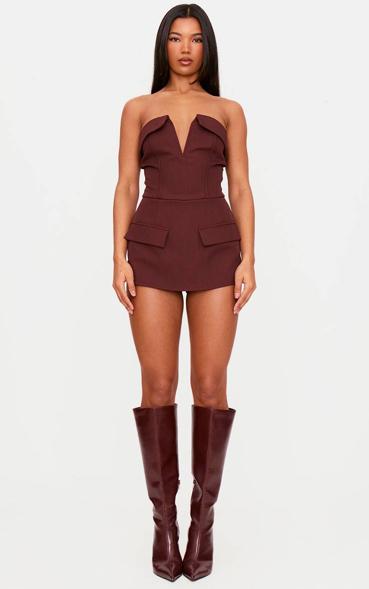 Dark Wine Combinaison-short Bandeau À Détail Corset En Tissu Structuré Tissé