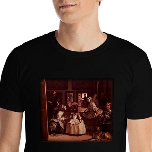 Camiseta masculina Mascochula, Las Meninas, personalizada com seu animal de estimação, preta.