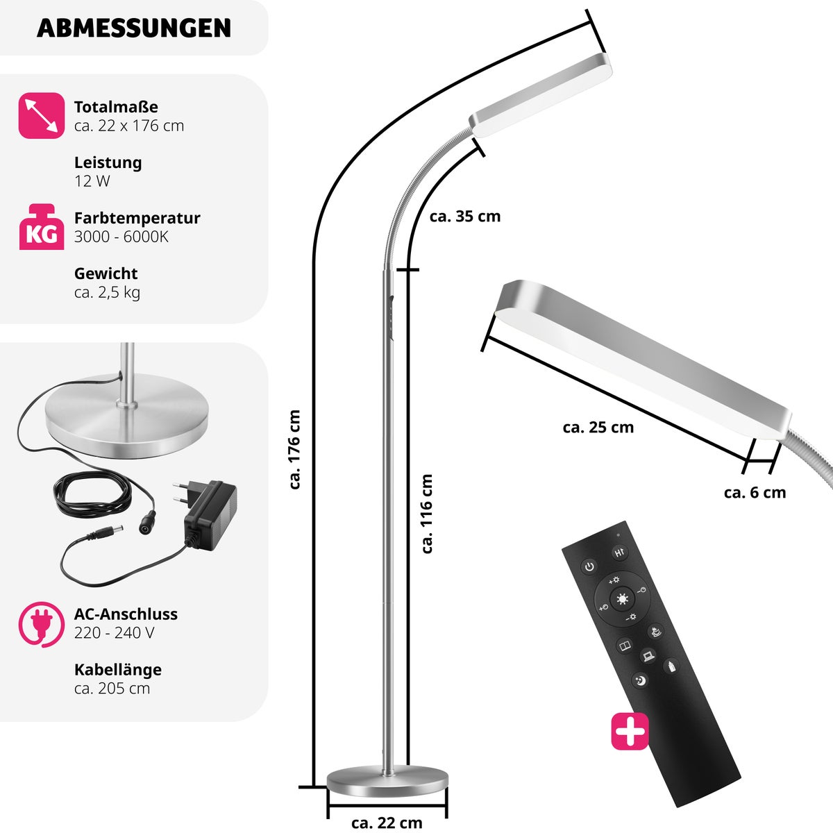 Staande lamp tectake Prisma 5 lichtstanden, LED, 12 W 22 x 176 cm