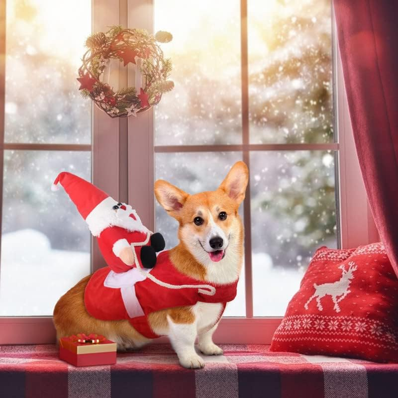 (Gr. S) Haustier Weihnachts Kostüm Reitender Weihnachtsmann für Hunde / Katzen - Rot