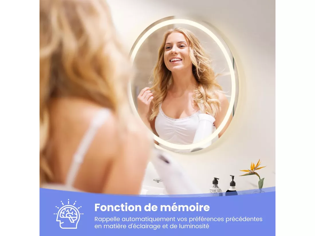 Miroir Salle de Bain LED, Miroir Lumineux Salle de Bain Anti-Buée avec 3 Couleurs et Luminosité Réglables, Fonction de Mémoire, Miroir Maquillage pour Coiffeuse, Chambre, Vestiaire (80x80x4cm)