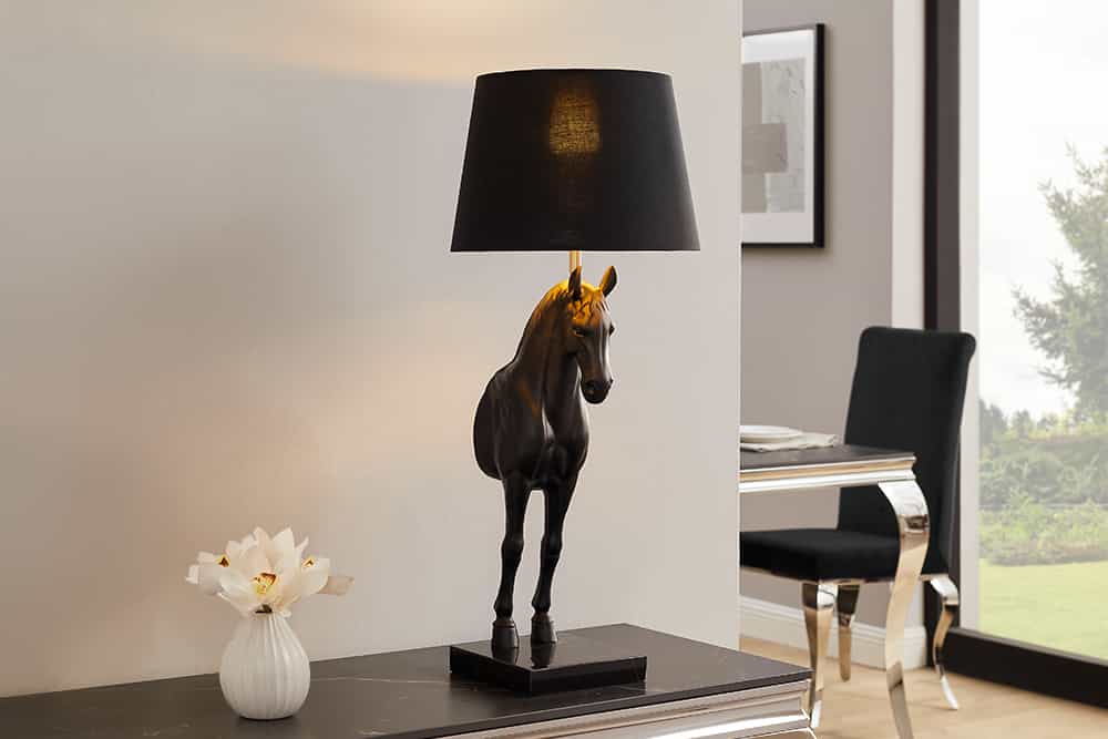 Extravagante Tischlampe BLACK BEAUTY 75cm schwarz gold Pferde-Skulptur