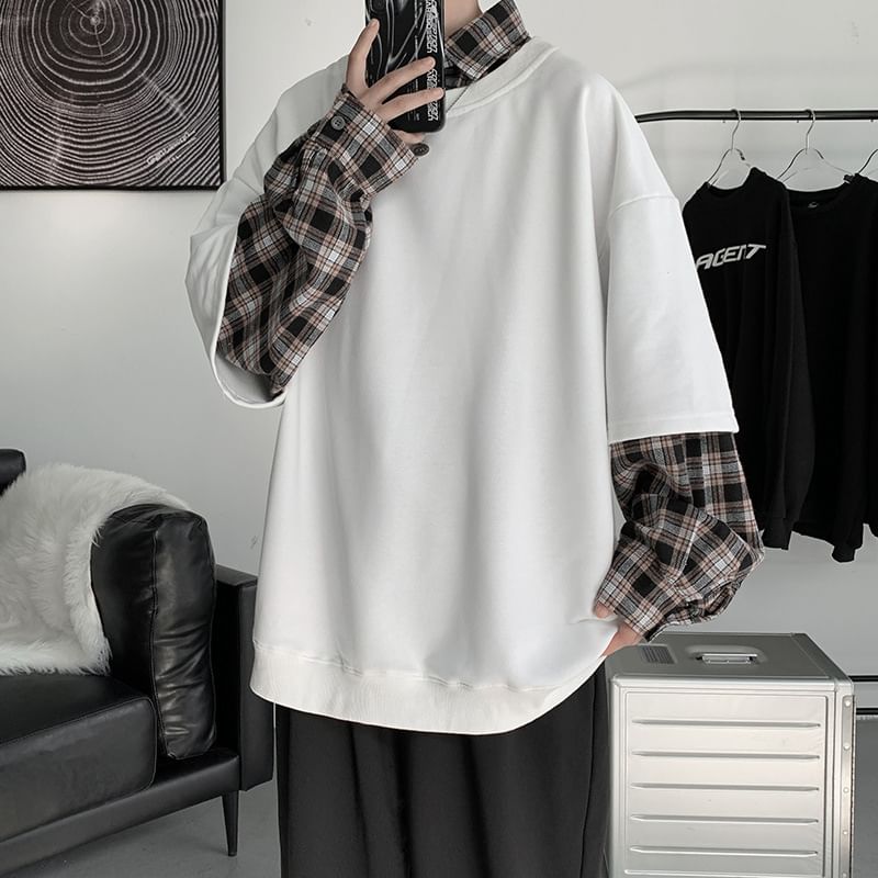 Cowpow - Sweatshirt met kraag en imitatie-tweedelig geruit paneel