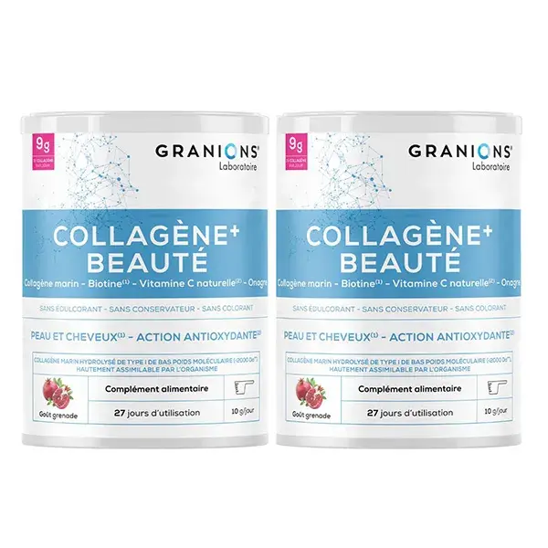 Granions Collagen Beauty+ - Pacote com 2 sachês de colágeno marinho hidrolisado tipo I em pó, sabor romã, tratamento de 2 meses.