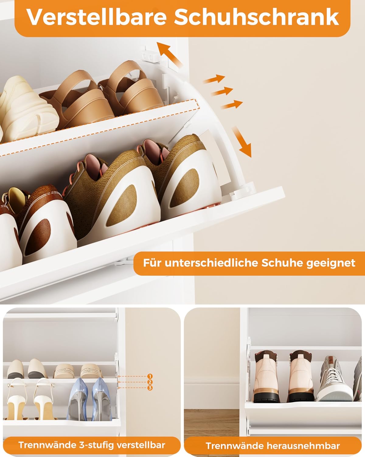 IRONCK Schuhschrank mit 4 Klappen, Schuhkipper Schmal mit 2 Schubladen, freistehendes Schuhregal, Schuhkommode mit verstellbaren Trennwände, Schuhablage Schrank für Flur Eingang und Wohnzimmer (Weiß)