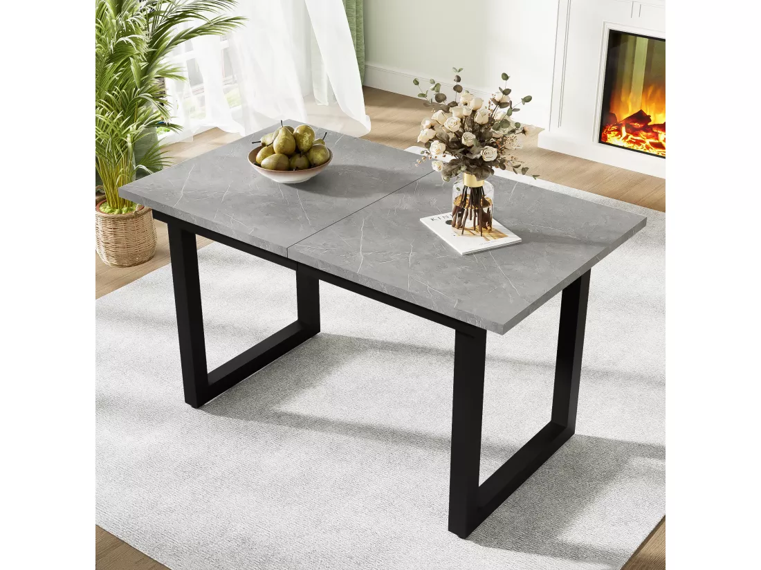 Table à manger extensible 4 à 6 couverts - 140/180 x 80 x 75 cm - MDF et pièds en fer - Effet marbre - Gris