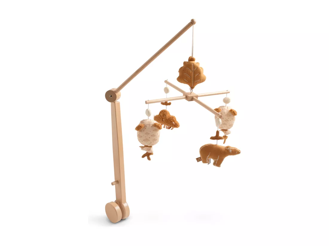 Mobile musical en bois avec jouets ours en gaze de coton