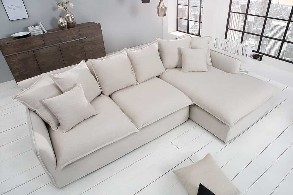 Großes Ecksofa HEAVEN 255cm natur beige Leinenstoff Federkern inkl. Kissen