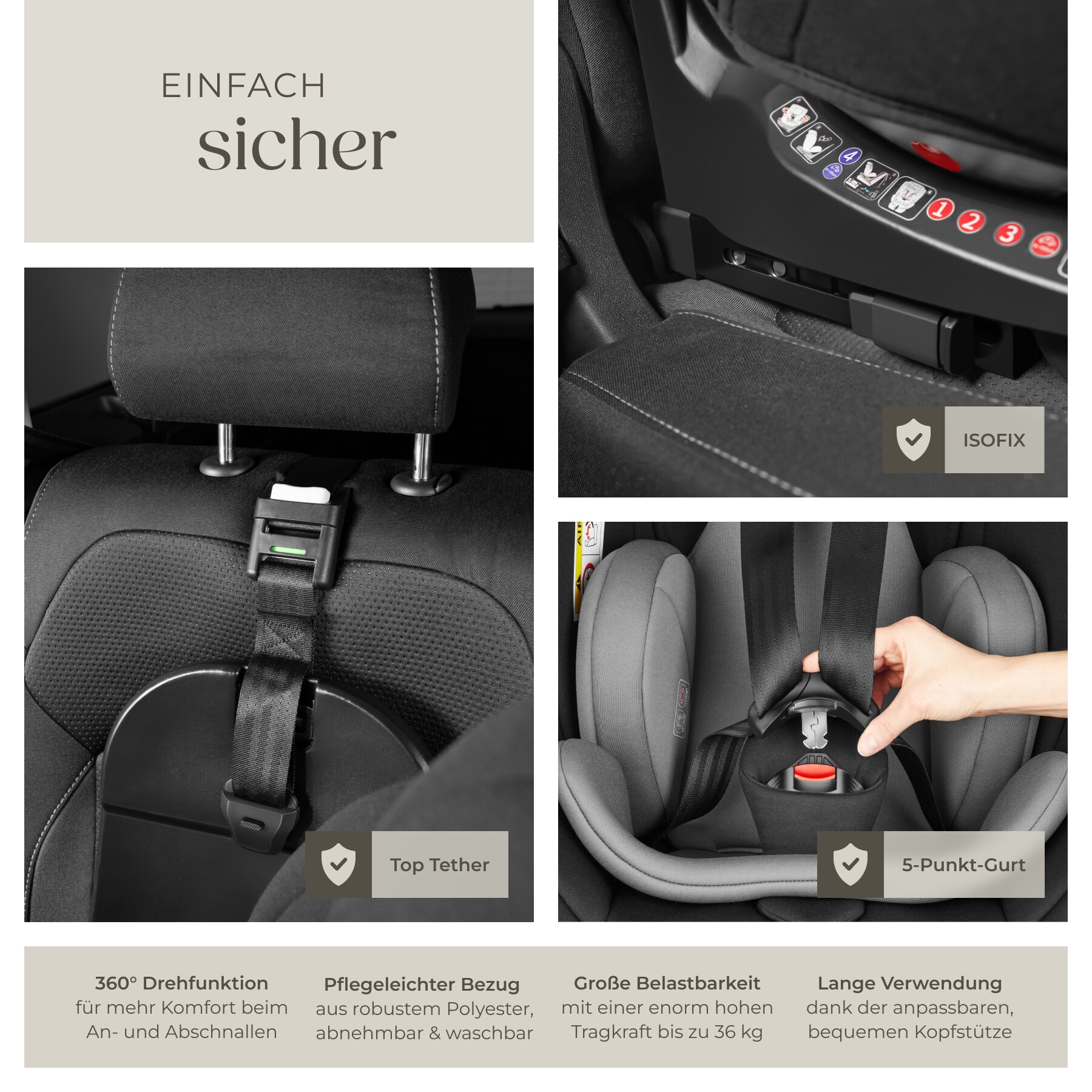 tectake® Drehbarer Autositz, i-Size Zulassung, ISOFIX-Installation und Top Tether, mit Seitenaufprallschutz, längenverstellbarer 5-Punkt-Gurt, höhenverstellbare Kopfstütze, ab Geburt bis 150 cm, Belastbarkeit 36 kg
