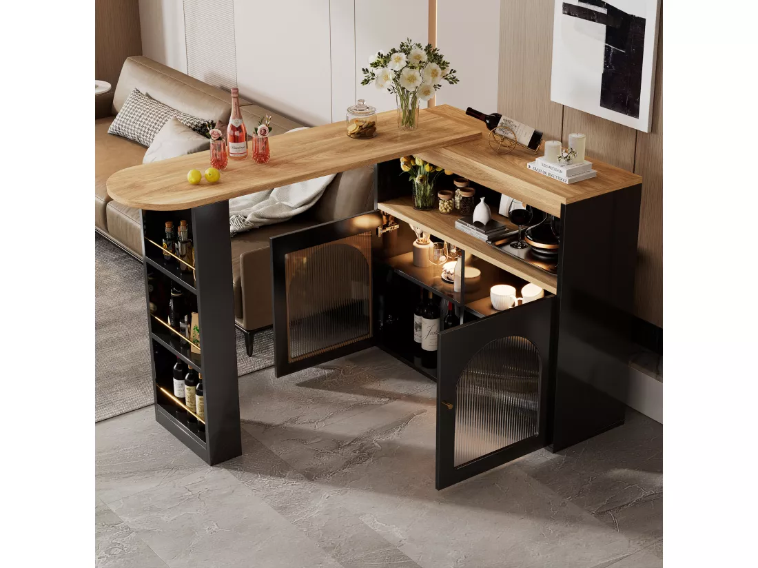 URBAN MEUBLE Buffet Table à manger extensible rotative moderne noir avec rangement et bande lumineuse LED