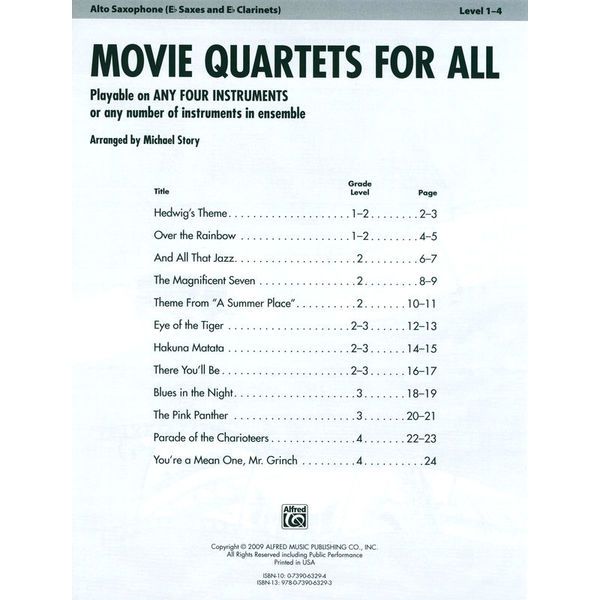 Alfred Music Publishing Movie Quartets for All A-Sax