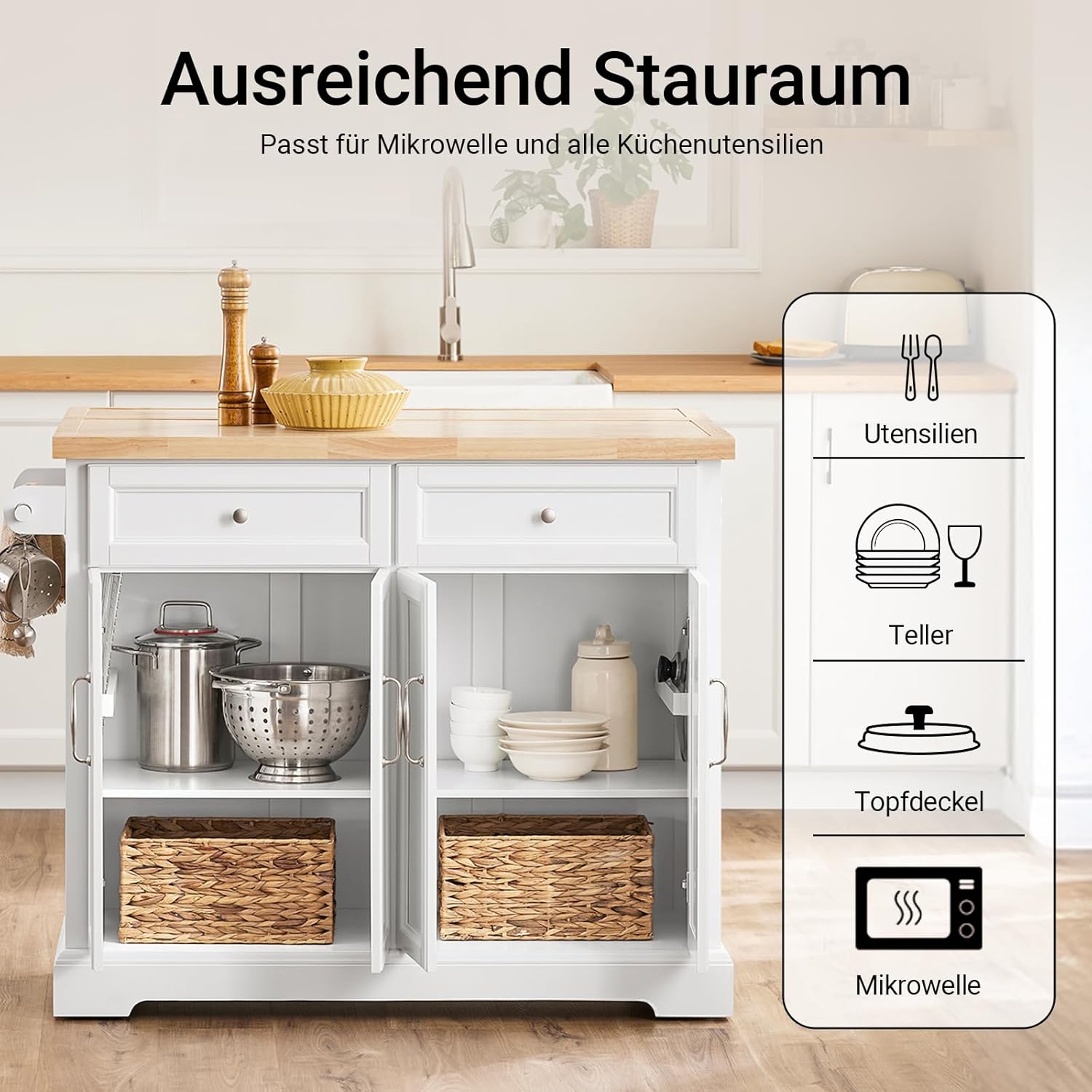 SoBuy Kücheninsel auf Rollen Servierwagen mit Rollen Küchenwagen mit ausziehbarer Arbeitsplatte Rollwagen mit Schubladen Barwagen für Küche, Esszimmer Weiß 115x92x(46-71) cm FKW71-II-WN