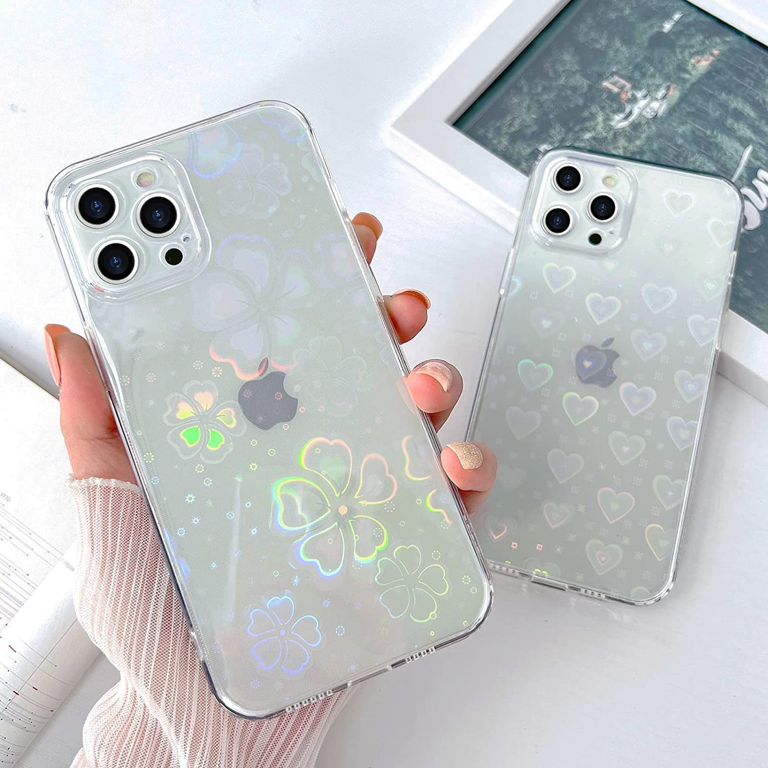 iPhone 13 Pro Hybrid Hülle TPU Bumper   Laser Hologramm Glitzer Herze - Transparent