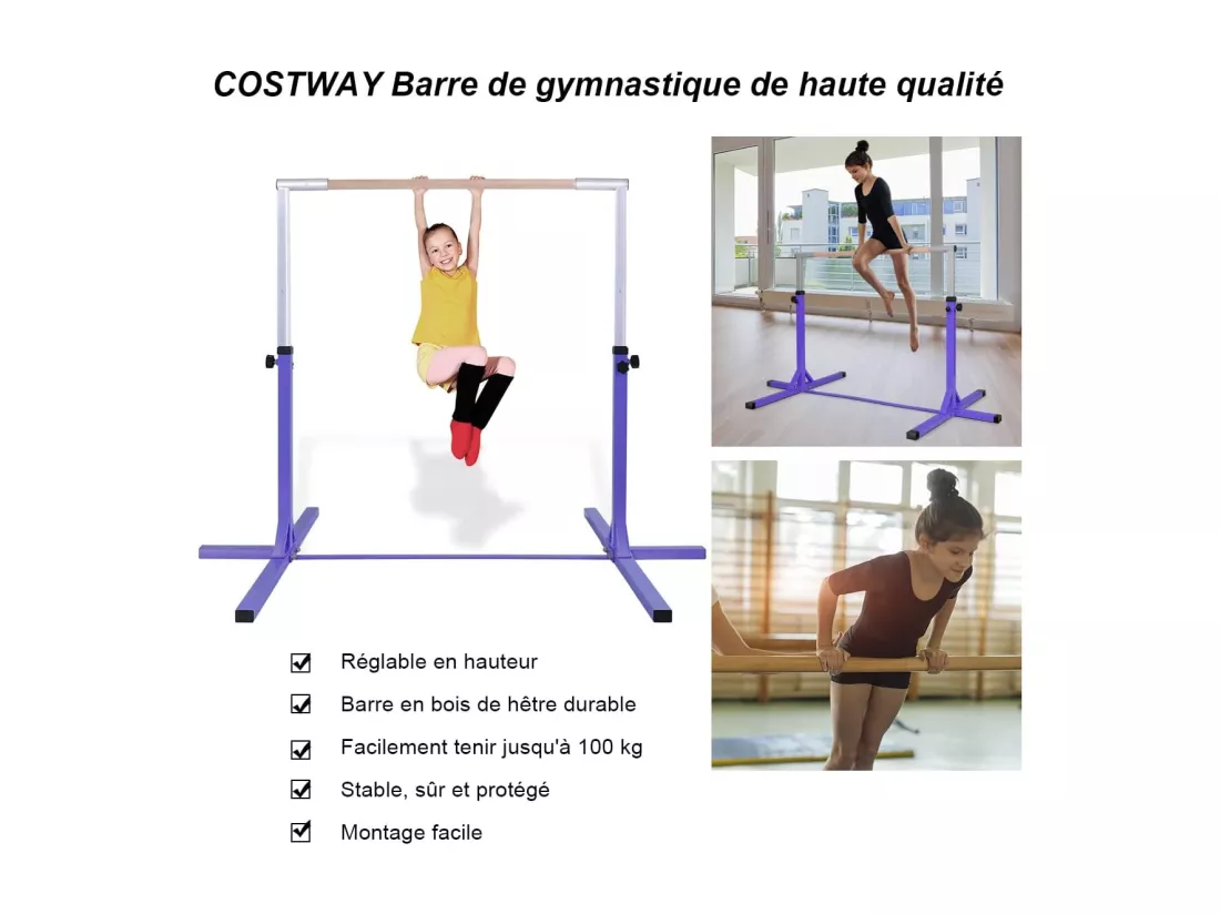 Barre de Gymnastique en Acier Hauteur Réglable de 91 à 150CM Charge 100KG pour Ecole, Maison, Jardin Diamètre 4CM Violet
