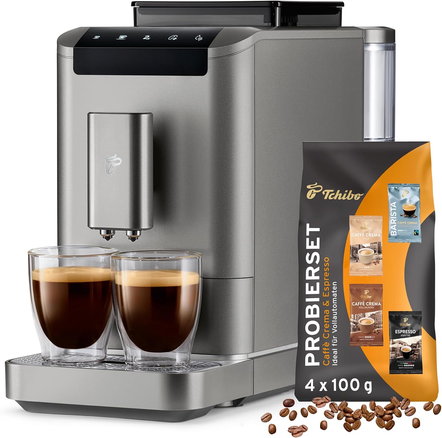 Tchibo Kaffeevollautomat Esperto2 Caffè mit 2-Tassen-Funktion für Caffè Crema und Espresso, Titanium Silver - INKLUSIVE Kaffeeprobierset GRATIS