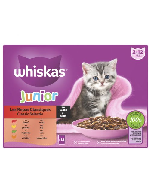 Whiskas Junior Classic Selectie In Saus Maaltijdzakjes Multipack - Kattenvoer - 12x85 g