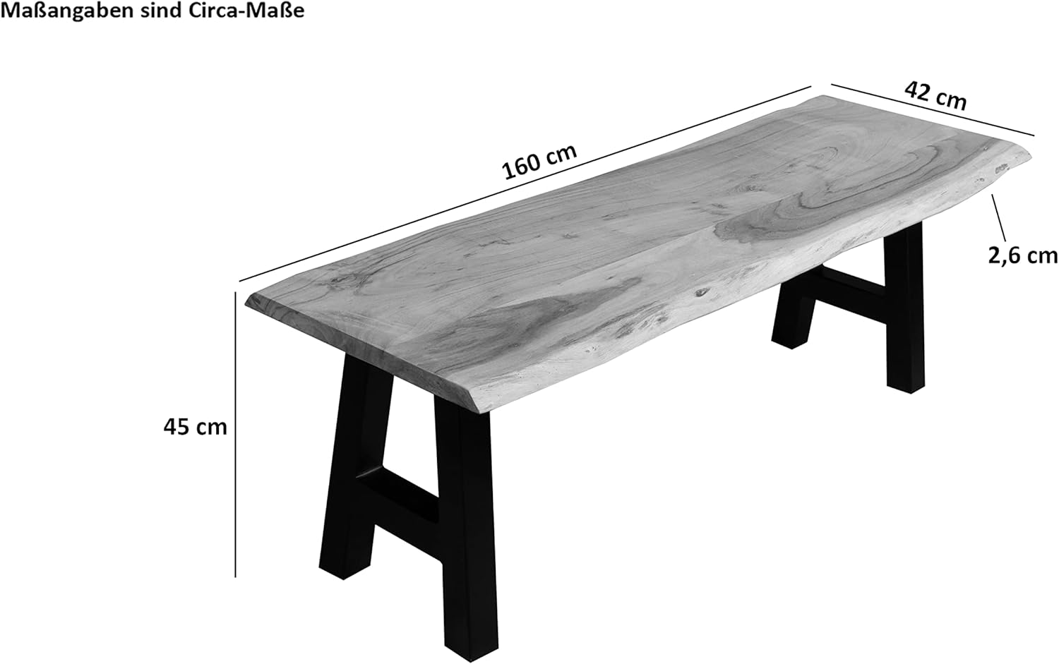SAM Esszimmerbank 160x42 cm Quintus, Akazienholz massiv & naturfarben, echte Baumkante, Baumkantenbank mit A-Gestell Schwarz, Sitzbank mit 26 mm Platte