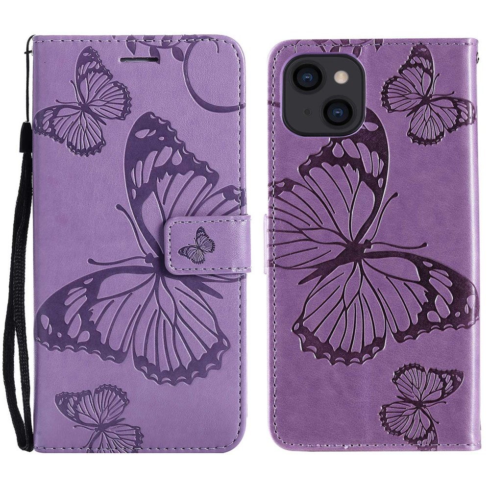 iPhone 14 Leder Tasche mit Kartenfach   Handschlaufe Schmetterling - Lila
