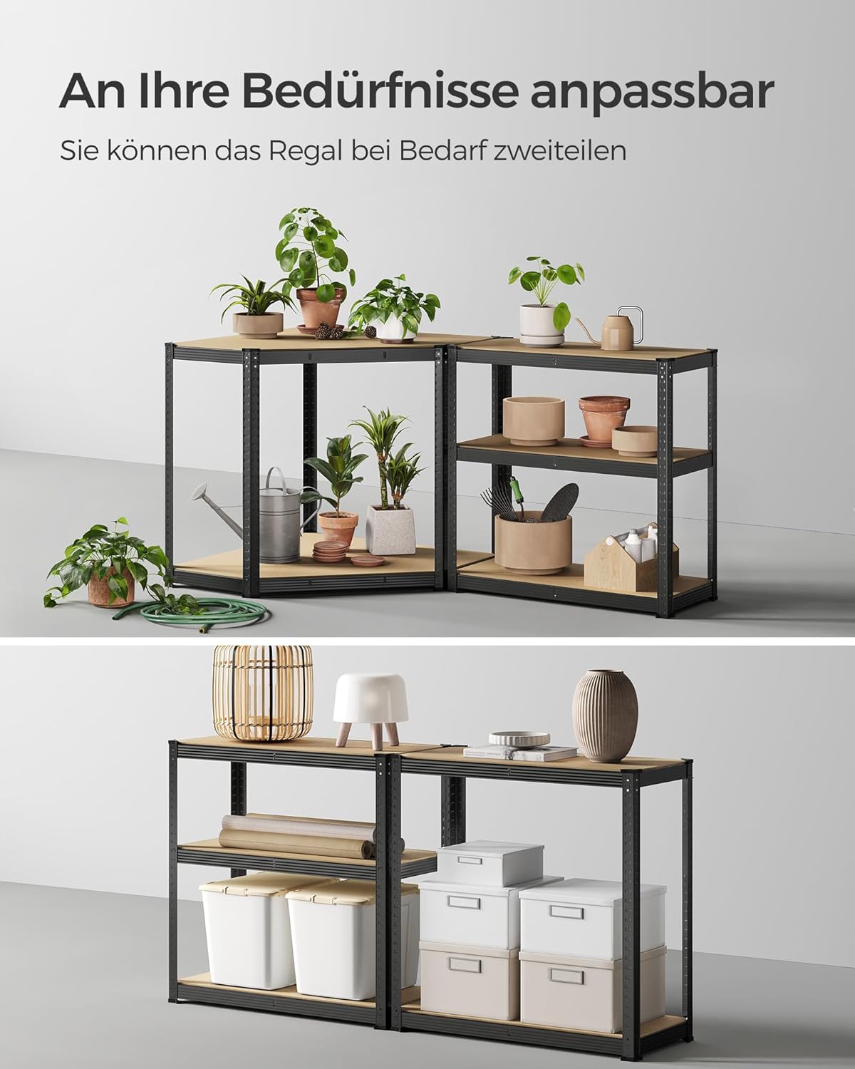 SONGMICS Eckregal-Set 5 Ebenen, Schwerlastregal, Metall, Lagerregal für Garage, Abstellraum, Kellerregal, bis 2625 kg belastbar, tintenschwarz-naturbeige GLR070B03