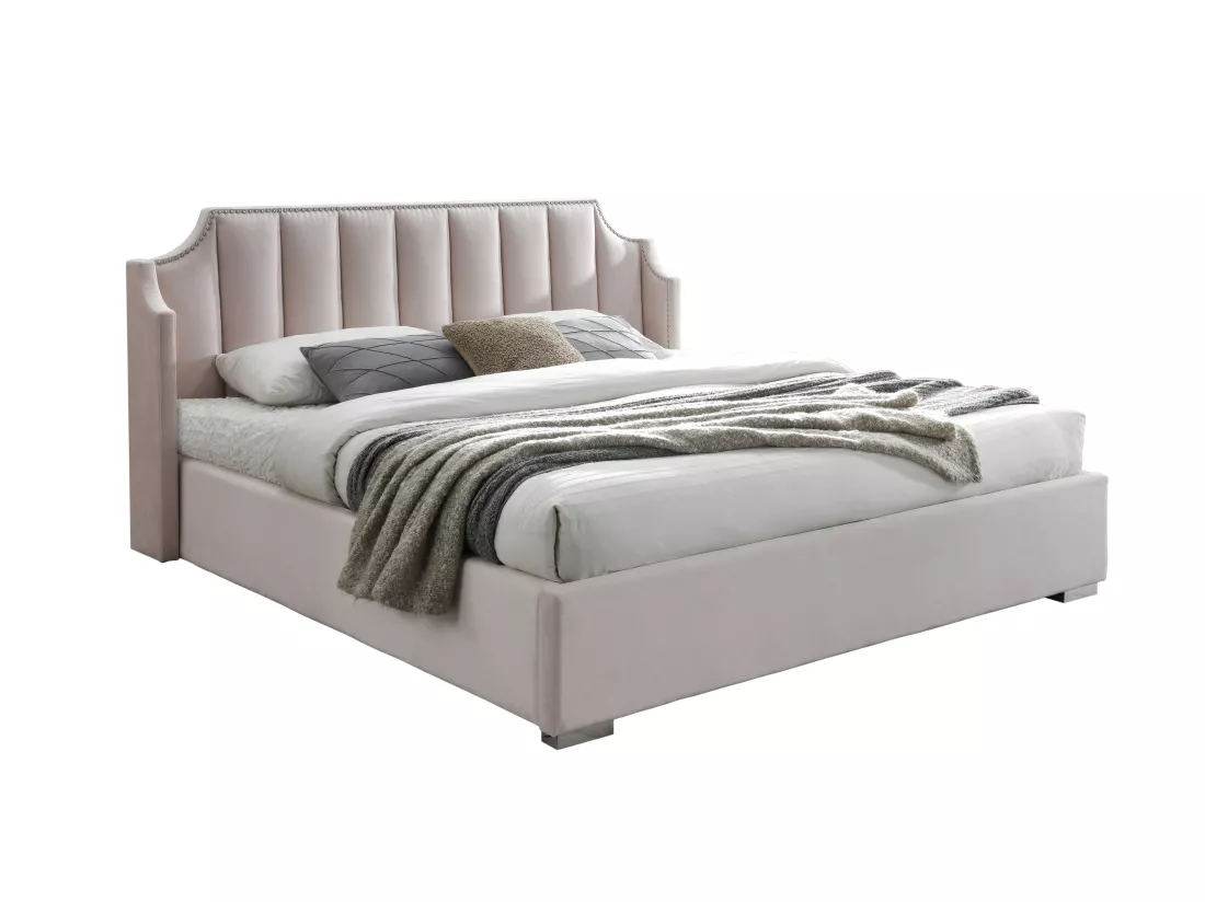 Lit coffre 160 x 200 cm avec tête de lit incurvée - Velours - Rose - TEOMIS