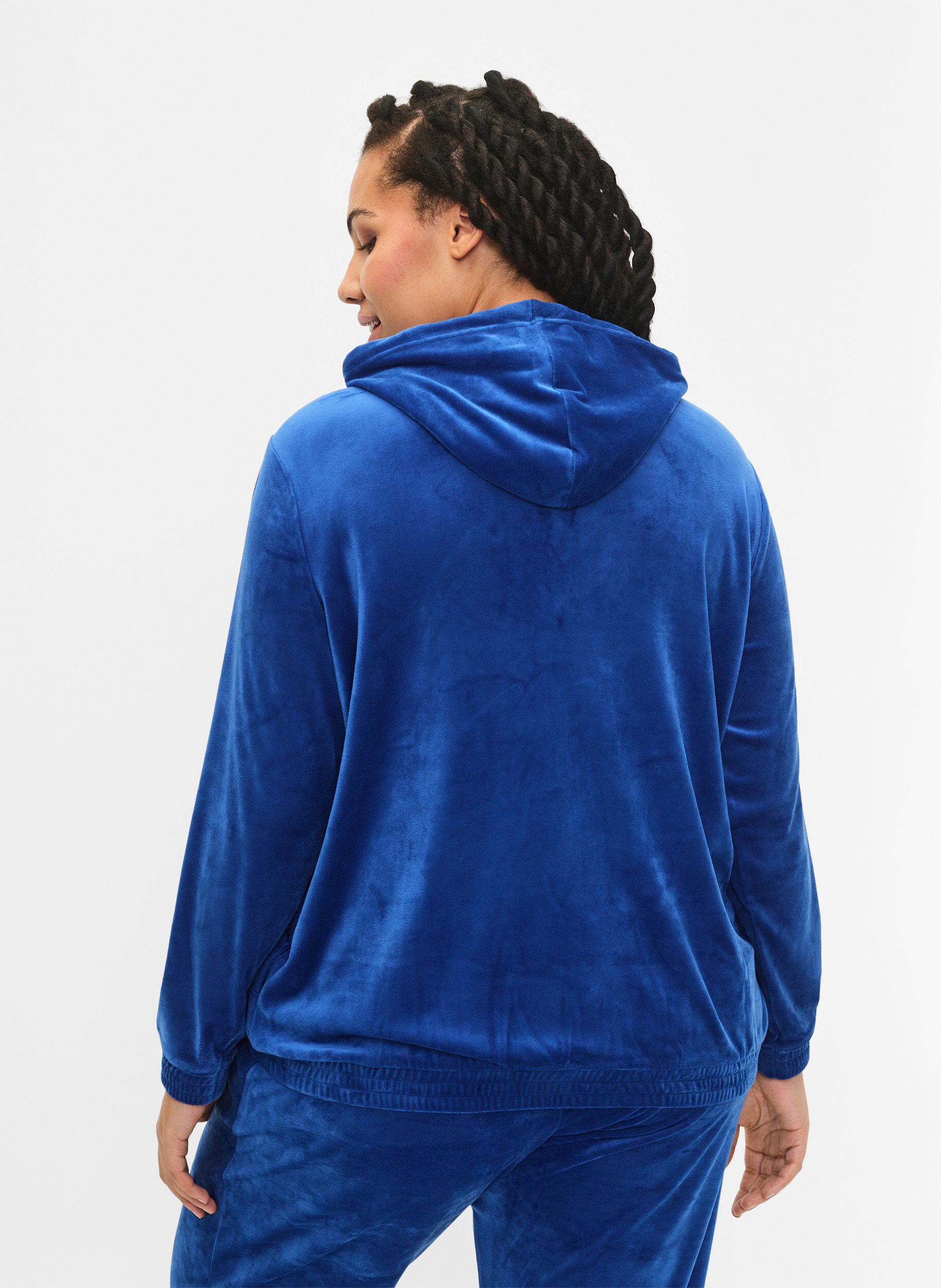 Velour cardigan med lynlås og hætte