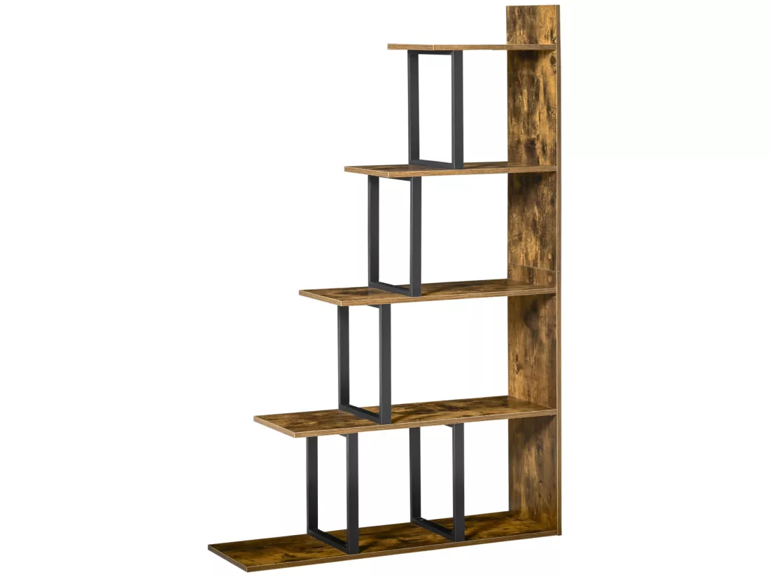 Étagère bibliothèque séparateur de pièce style industriel en escalier 5 étagères dim. 102L x 30l x 160H cm acier noir panneaux particules aspect vieux bois chêne