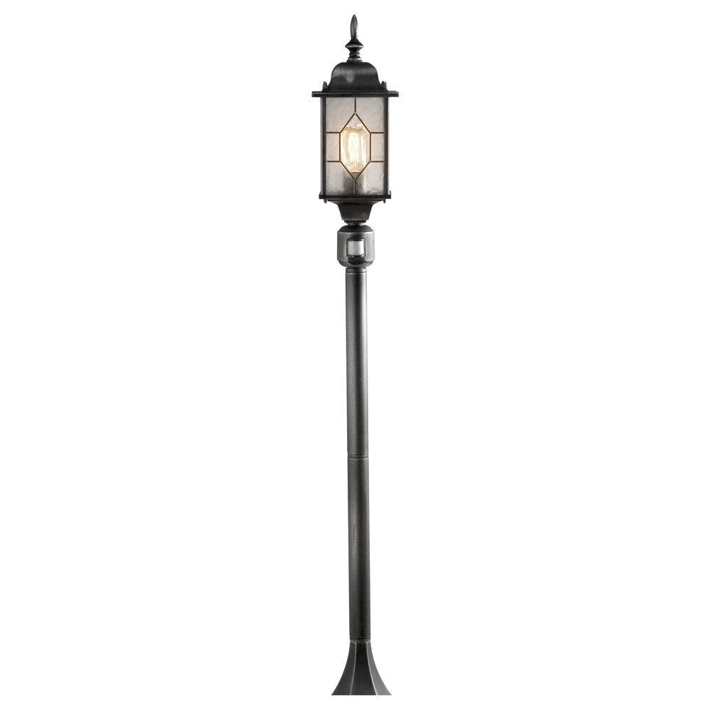 Elegante Milano tuinpadverlichting met bewegingsmelder, gemaakt van aluminium in zwart en zilver, en helder acrylglas, IP43, E27-fitting