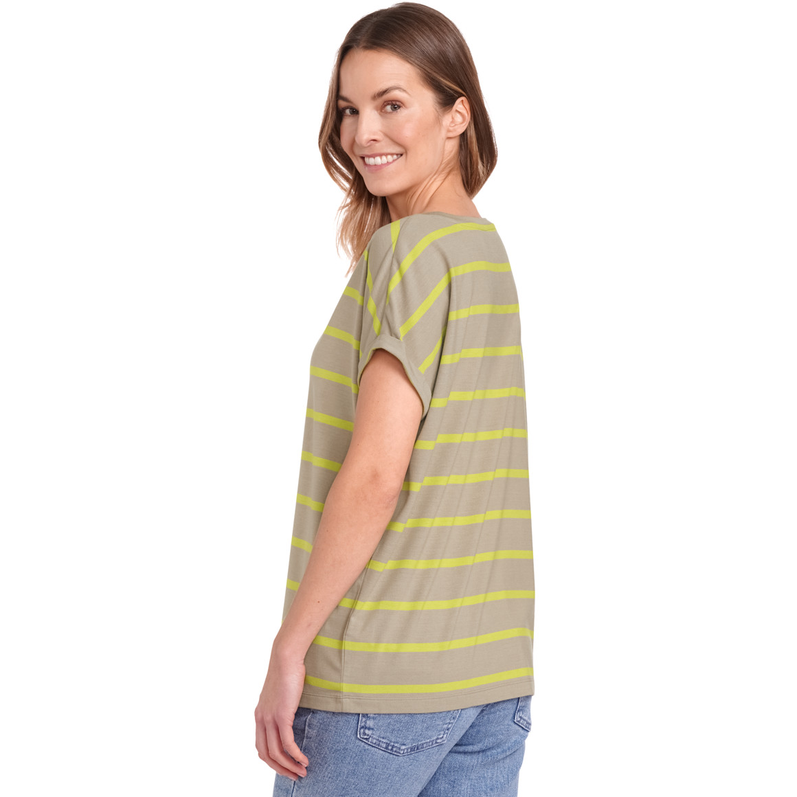 Gina Benotti Damen T-Shirt mit Streifen oliv / hellgrün