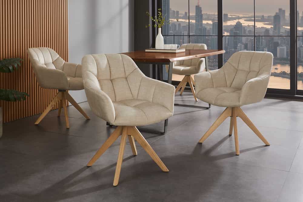 Drehbarer Design Stuhl PAPILLON beige Samt Eiche Massivholz mit Armlehnen