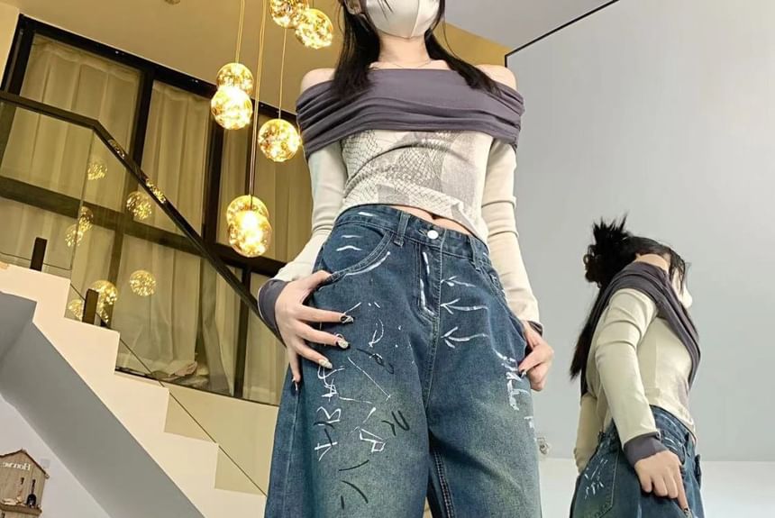 Bay Go Mall - High Rise Print Wijde Pijpen Jeans