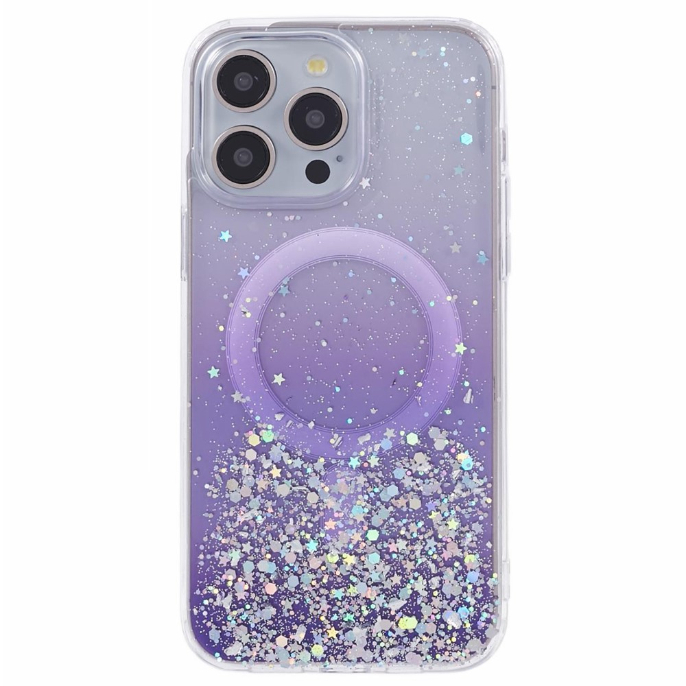 iPhone 15 Pro MagSafe Hülle mit Acryl Rückseite und Farbverlauf im Glitzer Design - Lila