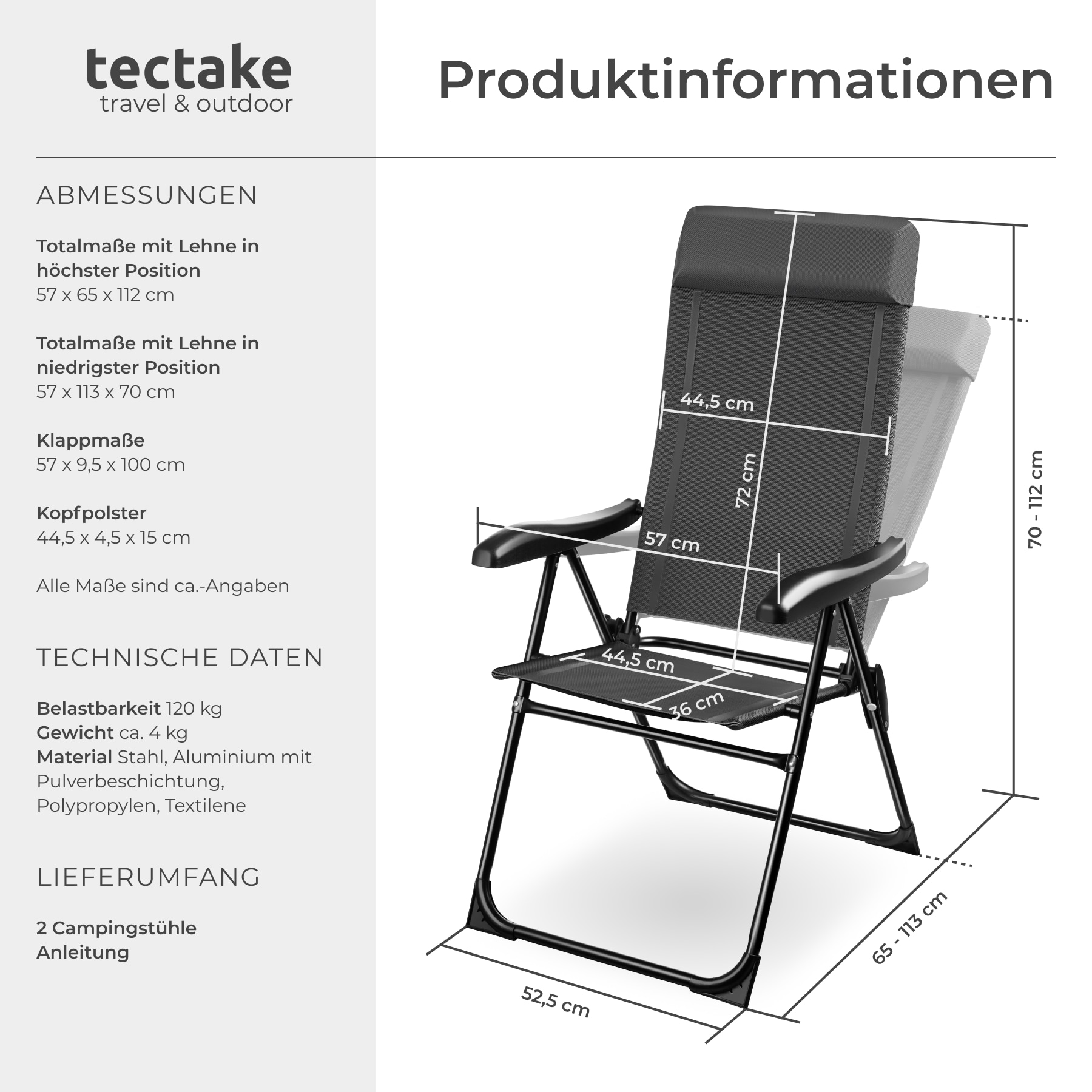 tectake® Campingstuhl, klappbar, 7-fach verstellbare Rückenlehne mit Kopfpolster, Belastbarkeit 120 kg, 57 x 65 x 112 cm