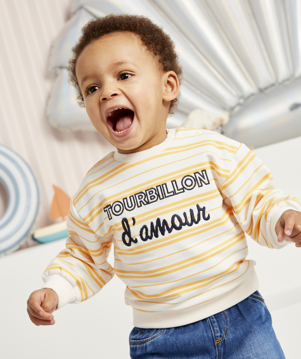 SWEAT BÉBÉ GARÇON EN FIBRES RECYCLÉES RAYÉ JAUNE ET BLANC
