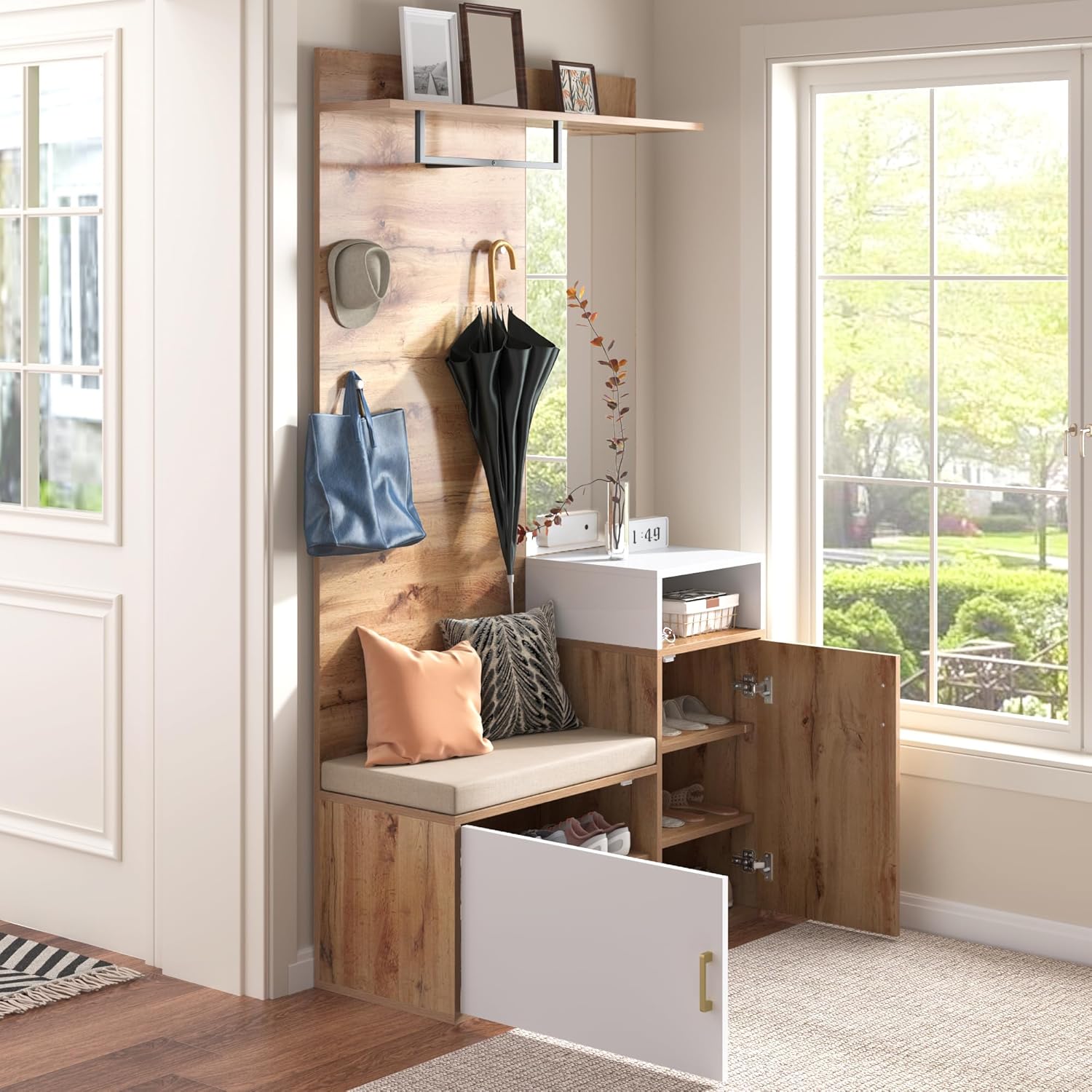 Garderoben-Set, Flurgarderobe mit Sitzbank & Spiegel, Garderobe mit Schuhschrank, Kompaktgarderobe mit 6 goldenen Kleiderhaken, Kissen, oberes Ablagefach, 105 * 40 * 190.5cm Weiß + Holzfarbe