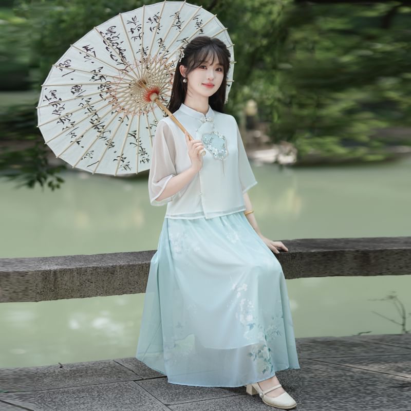 Fioridi - Hanfu-top met elleboogmouwen en bloemenborduursel / Midi-A-lijn rok met hoge taille en bloemenprint