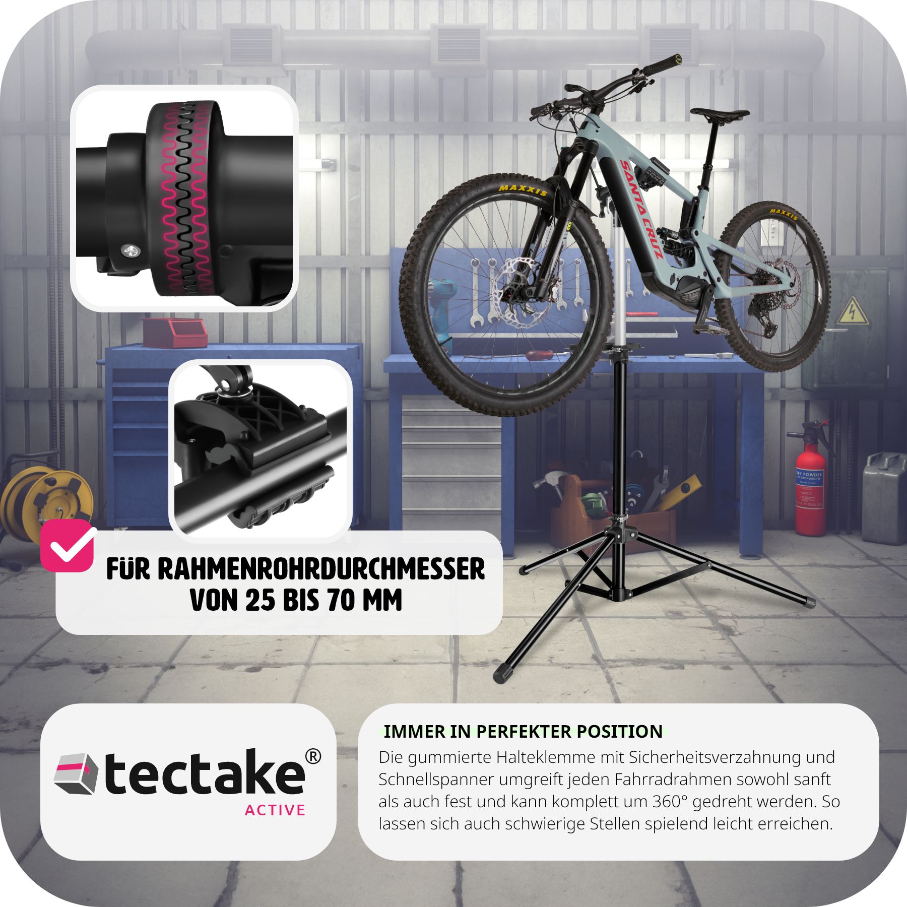 tectake® Fahrradmontageständer, Belastbarkeit 50 kg, klappbar mit Schnellverschlüssen, lackschonend, inklusive Vorderrad-Stabilisator und magnetischer Werkzeugablage