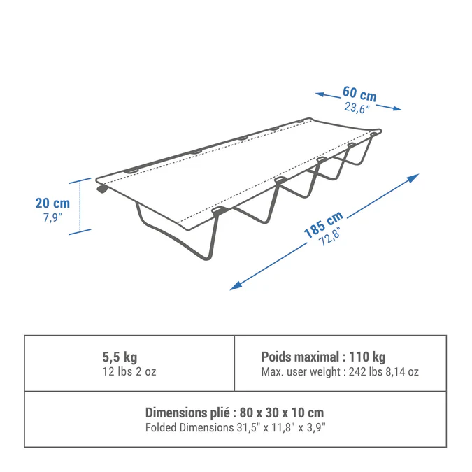 Decathlon Quechua - Cama de acampamento Quechua de 60 cm - 1 pessoa