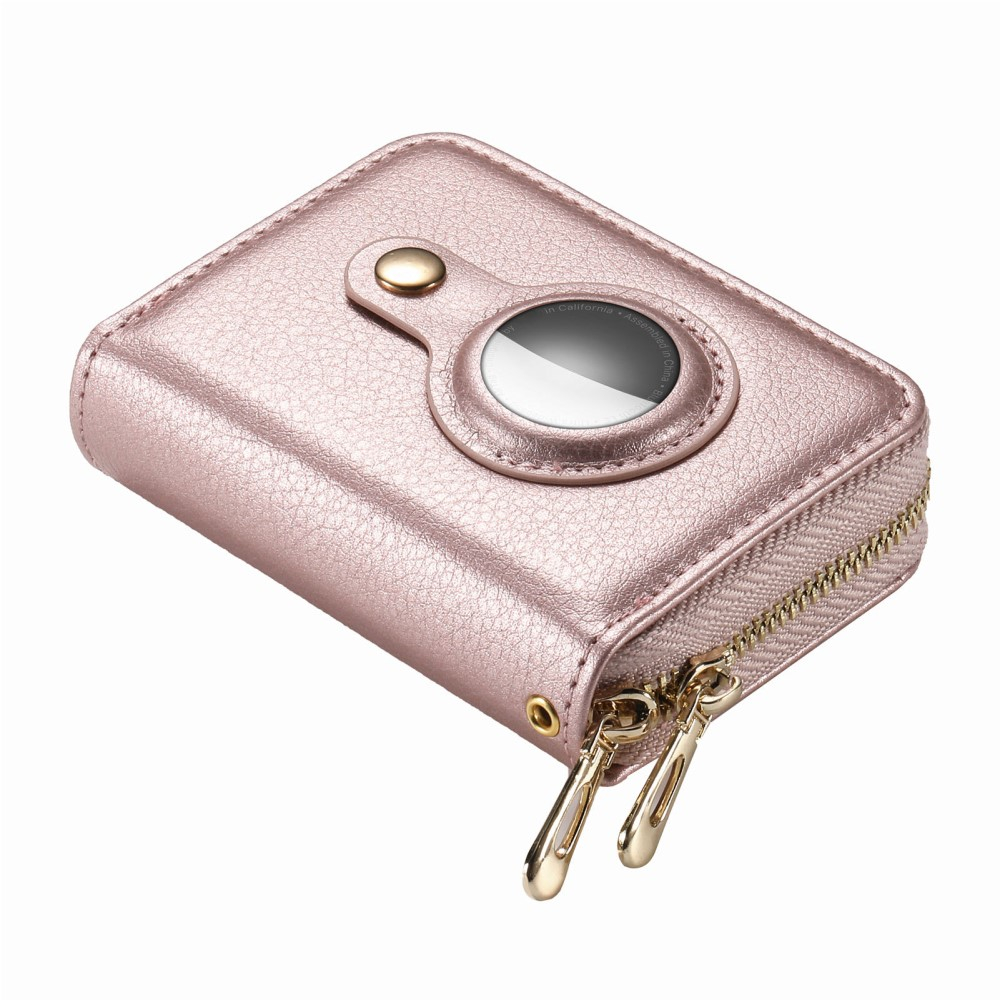 (12.7x11.1x3.6cm) Apple AirTag Wallet Mini Kreditkarten Portemonnaie Leder Etui Geldbörse Litchi Look  (RFID Schutz) - Roségold