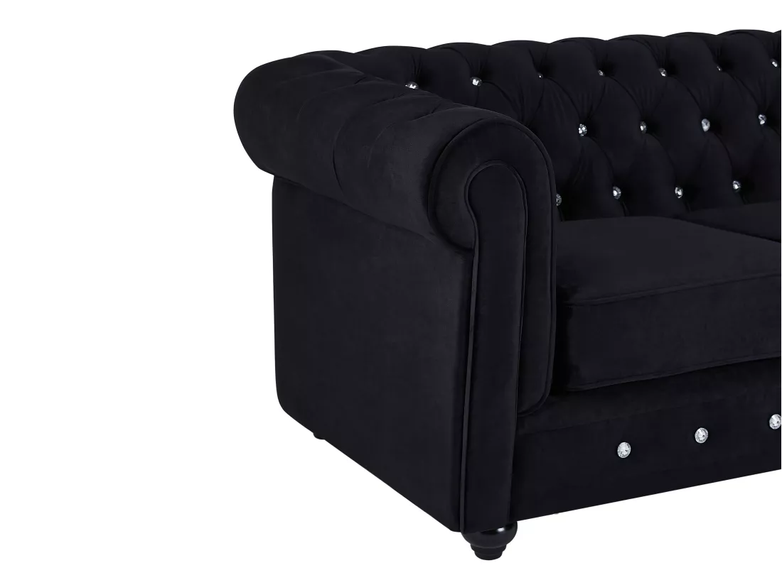 Canapé 2 places en velours noir et boutons effet cristal CHESTERFIELD